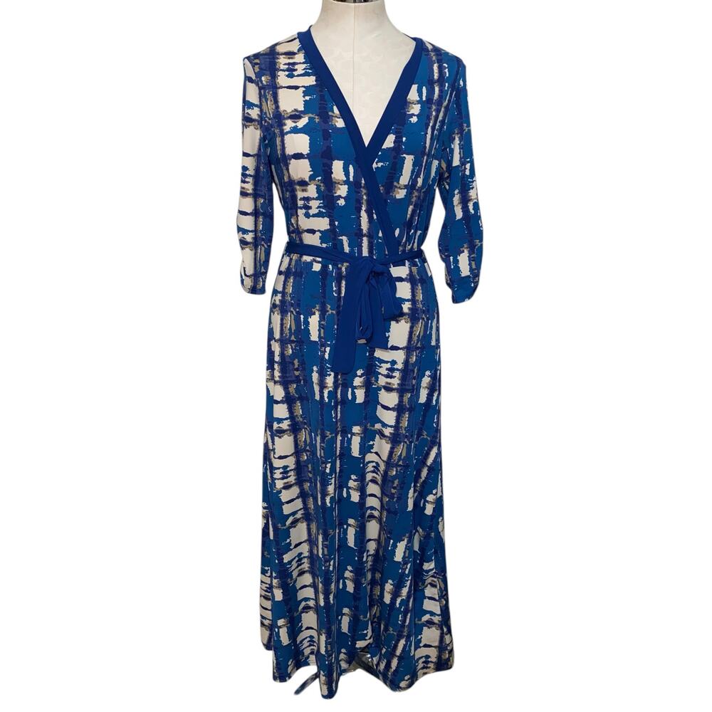 Saks Fifth Avenue Black Blue Tie Dye Print Surplice Faux Wrap Maxi Dress Size M